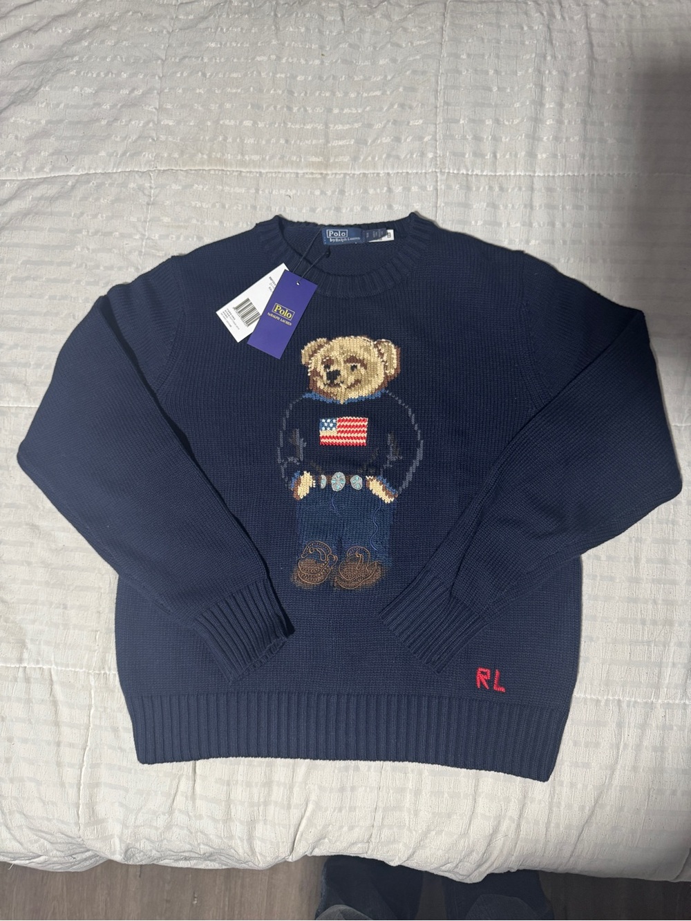 Ralph Lauren Navy Crewneck Sweater with Bear Motif